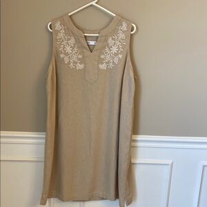 NWOT Tan Linen Blend Sleeveless Dress with Floral Embroidery- XL